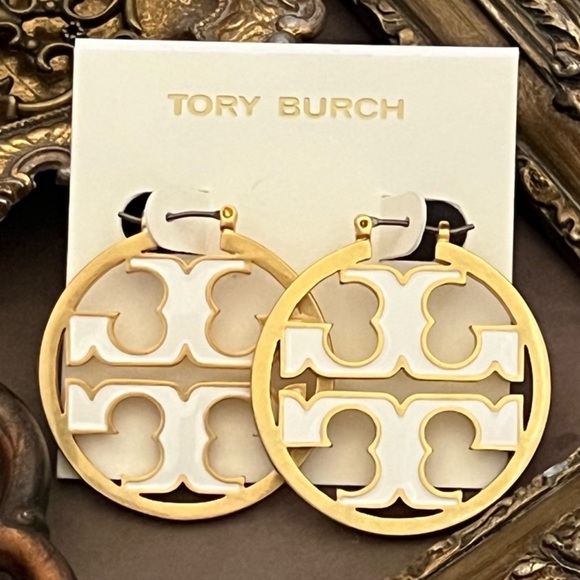 TORY BURCH • White Miller Logo Hoop Earrings - Picture 3 of 3